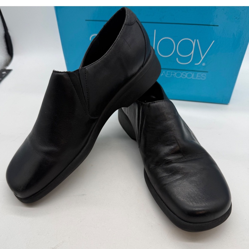 Aerology Aerosoles Easy Time Black Leather Square Toe Loafers Womens 7.5M